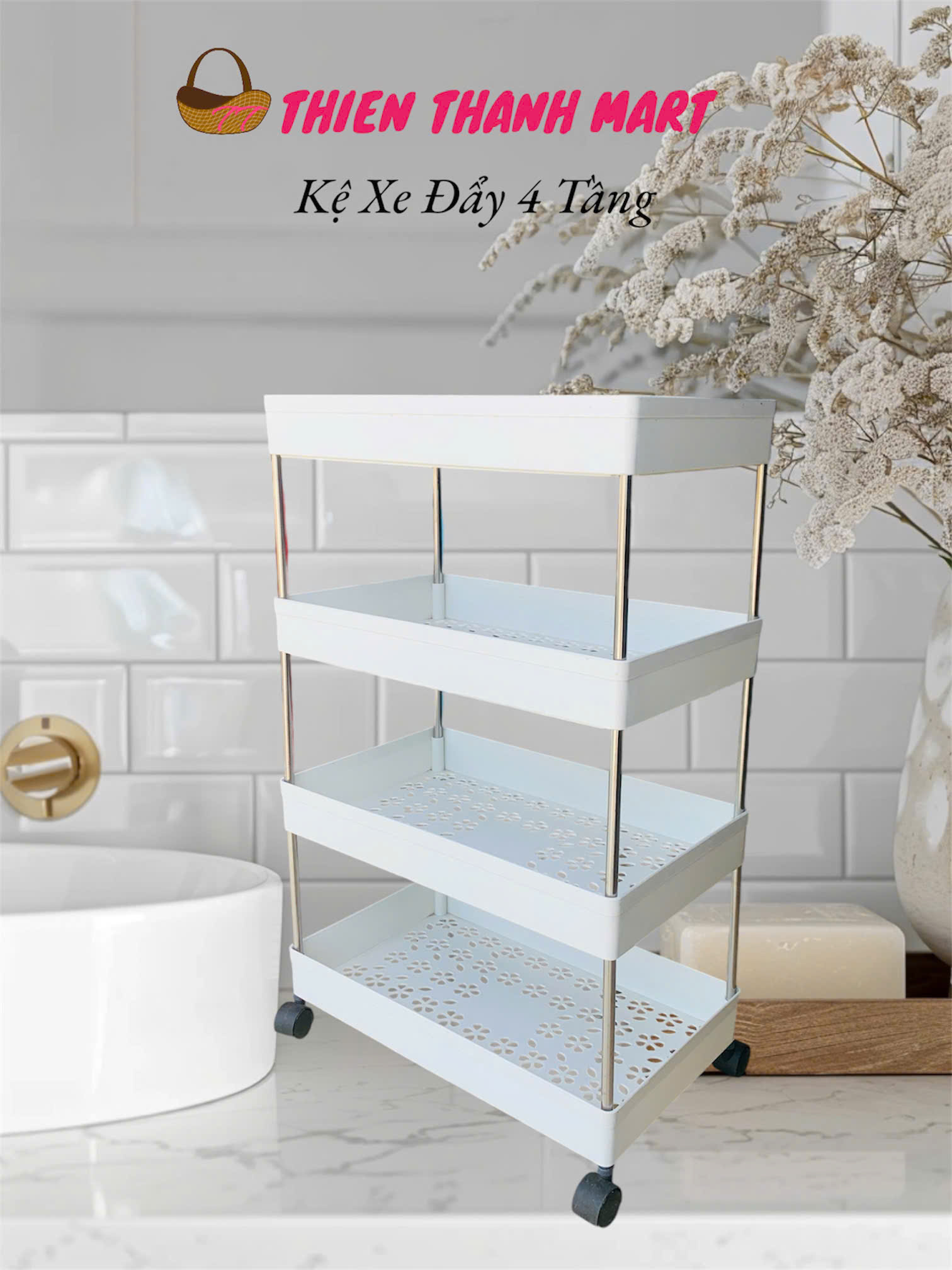 Kệ 4 Tầng Đa Năng Có Bánh Xe Đẩy Dùng Cho Phòng Tắm, Spa Chất Liệu Nhựa Kết Hợp Inox Cao Cấp